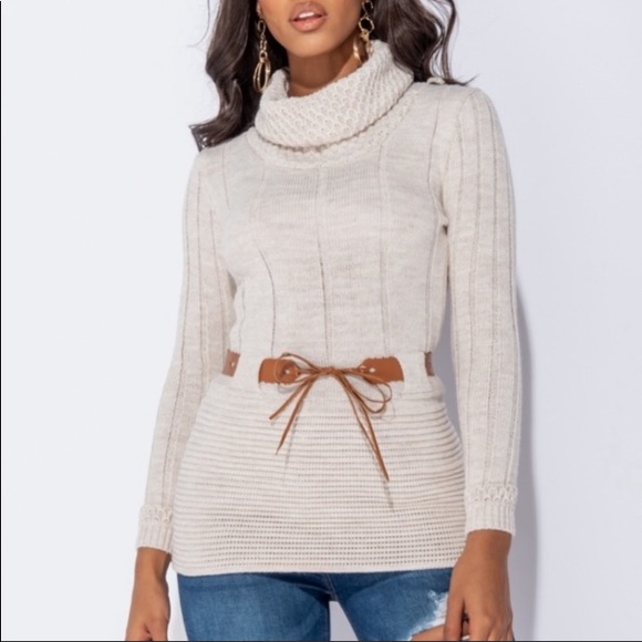 Cream Roll Neck Knit Sweater with Belt size 4 - Picture 2 of 9